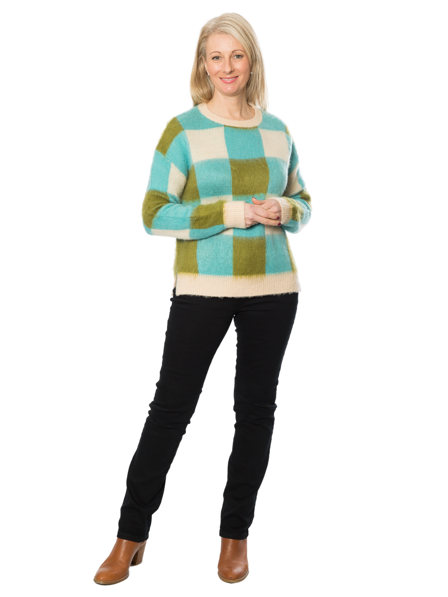 Soft Round Neck Check knit sweater #5843 Blue