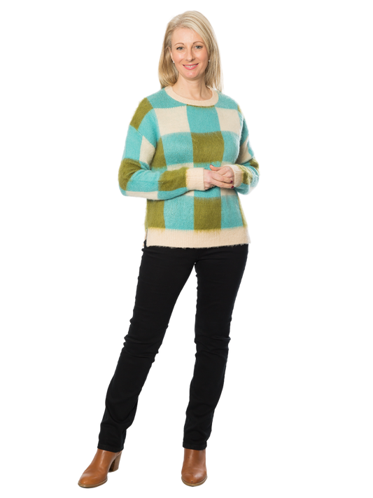 Soft Round Neck Check knit sweater #5843 Blue