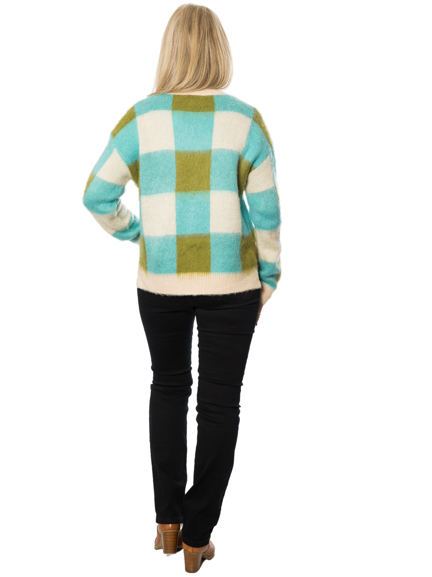 Soft Round Neck Check knit sweater #5843 Blue