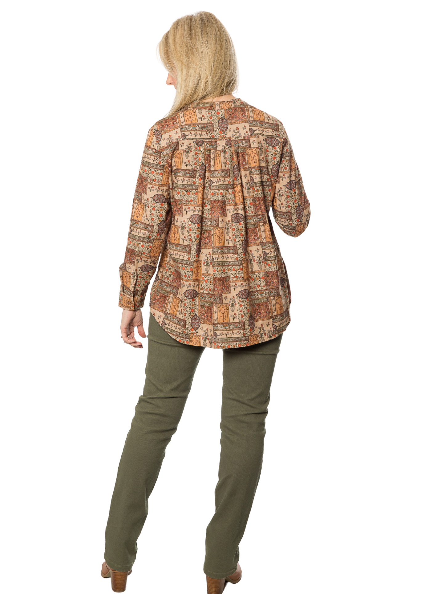 Pure Cotton Mandarin Collar Long Sleeve Vintage Print Shirt #3862