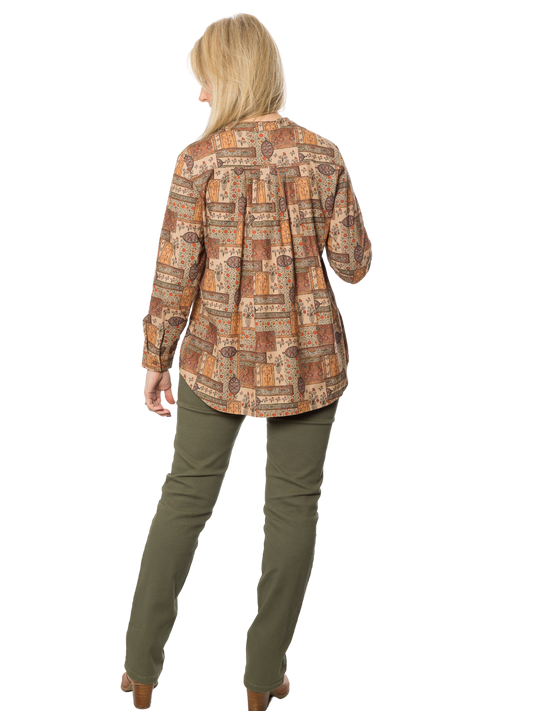 Pure Cotton Mandarin Collar Long Sleeve Vintage Print Shirt #3862