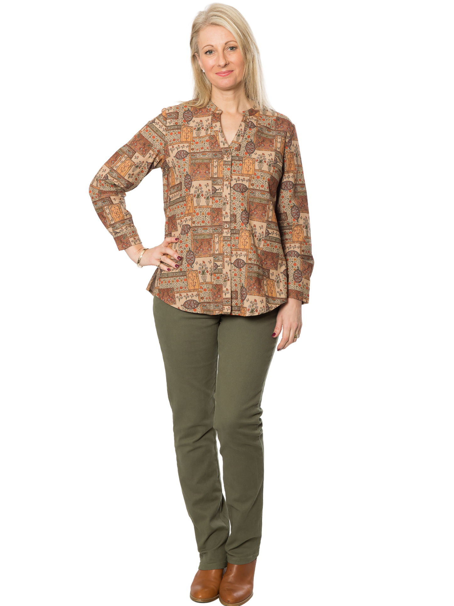 Pure Cotton Mandarin Collar Long Sleeve Vintage Print Shirt #3862