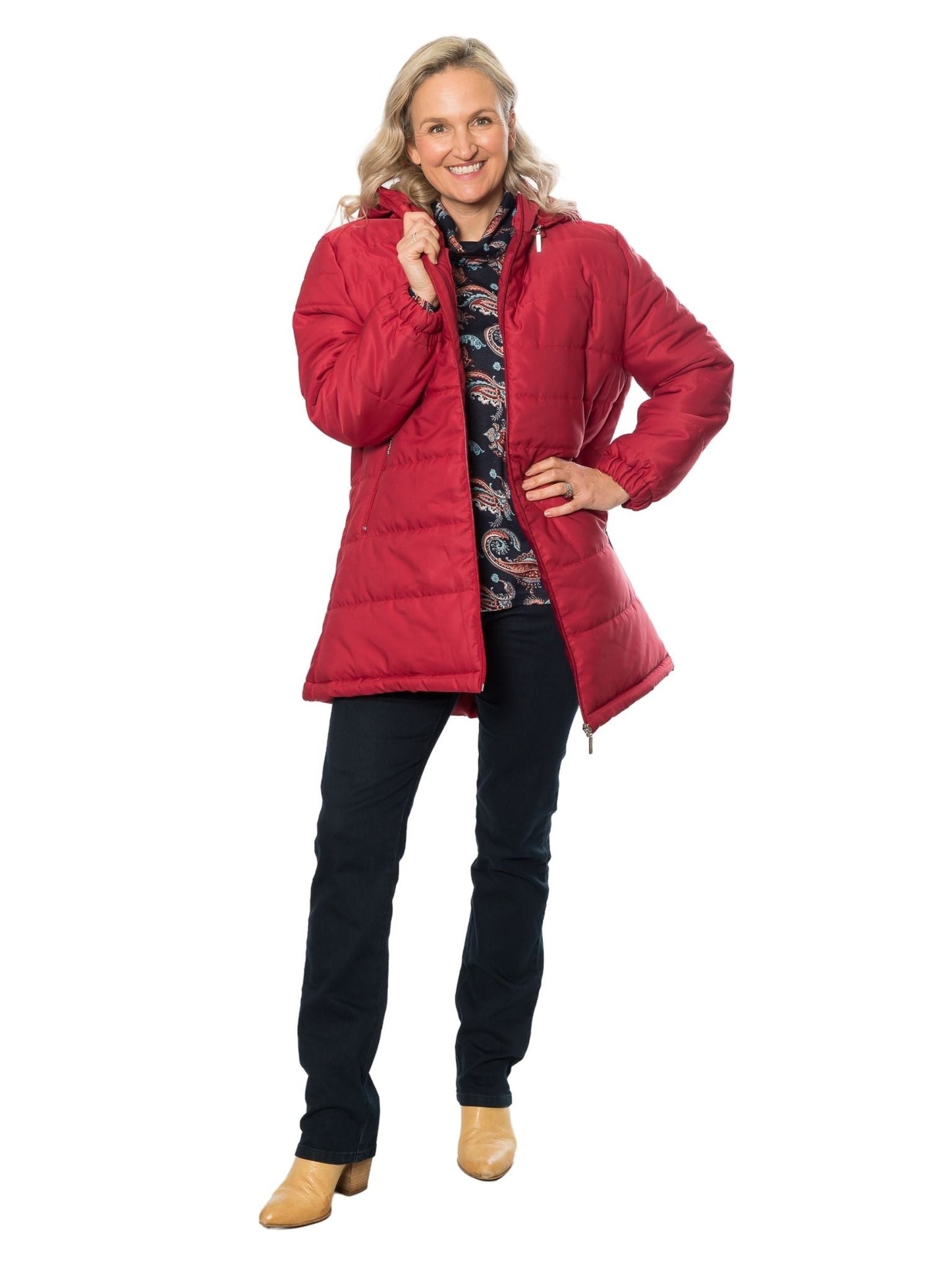 Thigh length quilted Coat with detachable hood #9620 Chilli