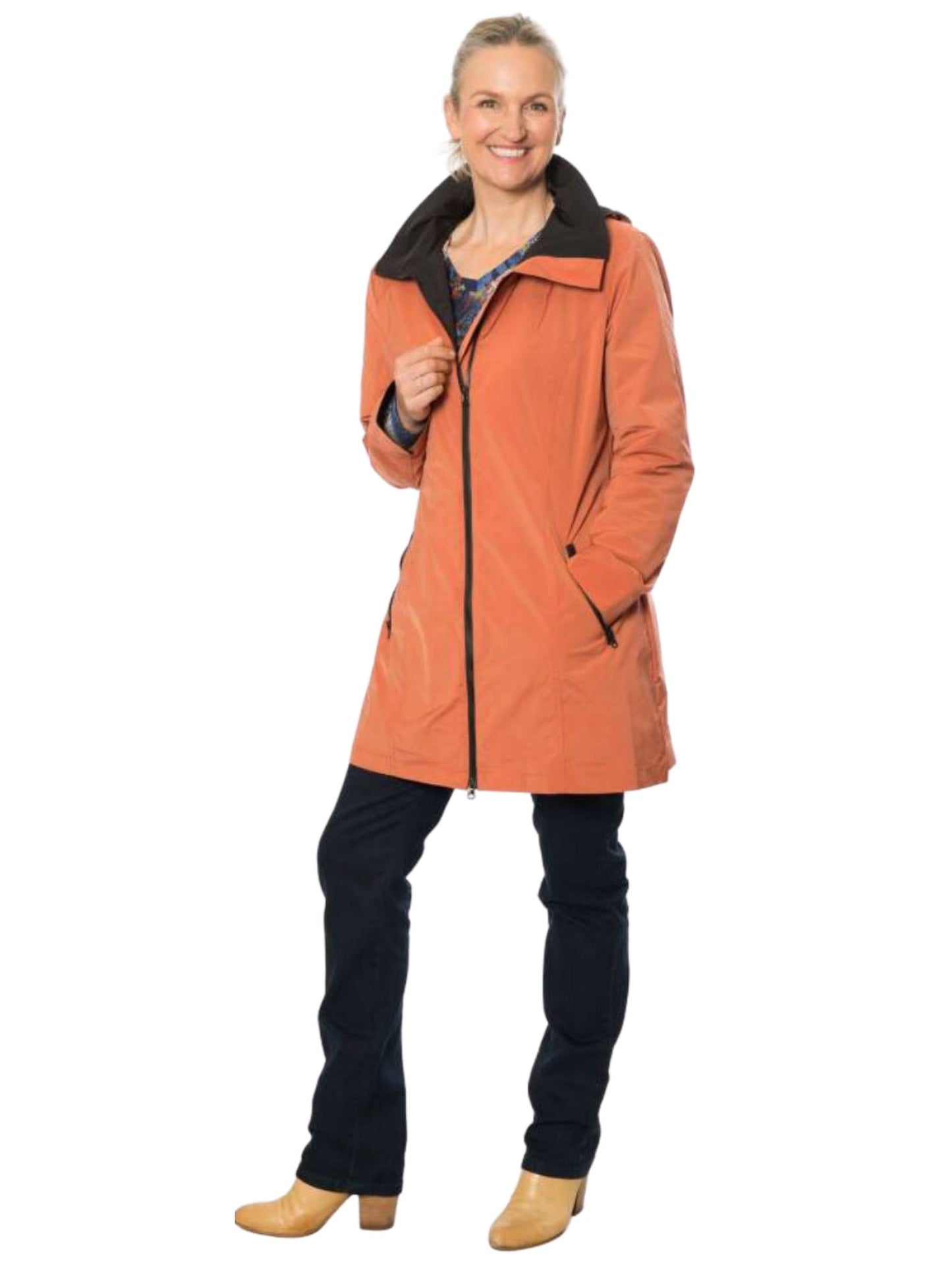 Waterproof thigh length jacket with removable hood & gathered back waistband detail #9006 - Copper