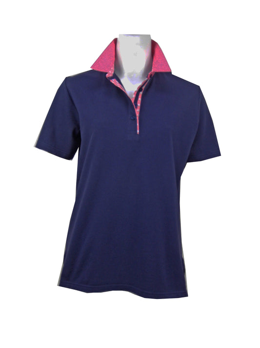 Short sleeve cotton piquet polo with contrast collar and spot trim #26 Navy
