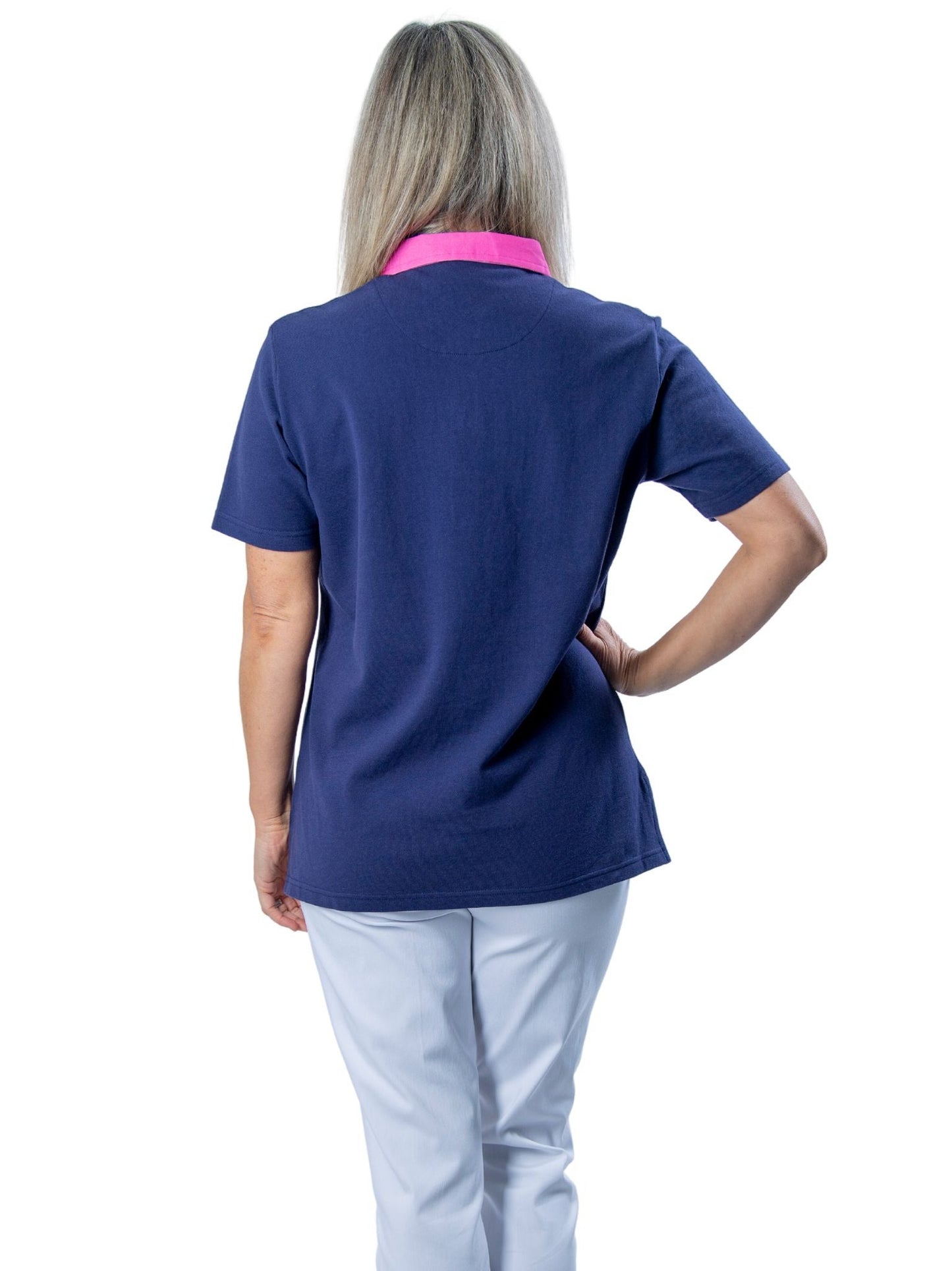 Short sleeve cotton piquet polo with contrast collar and spot trim #26 Navy