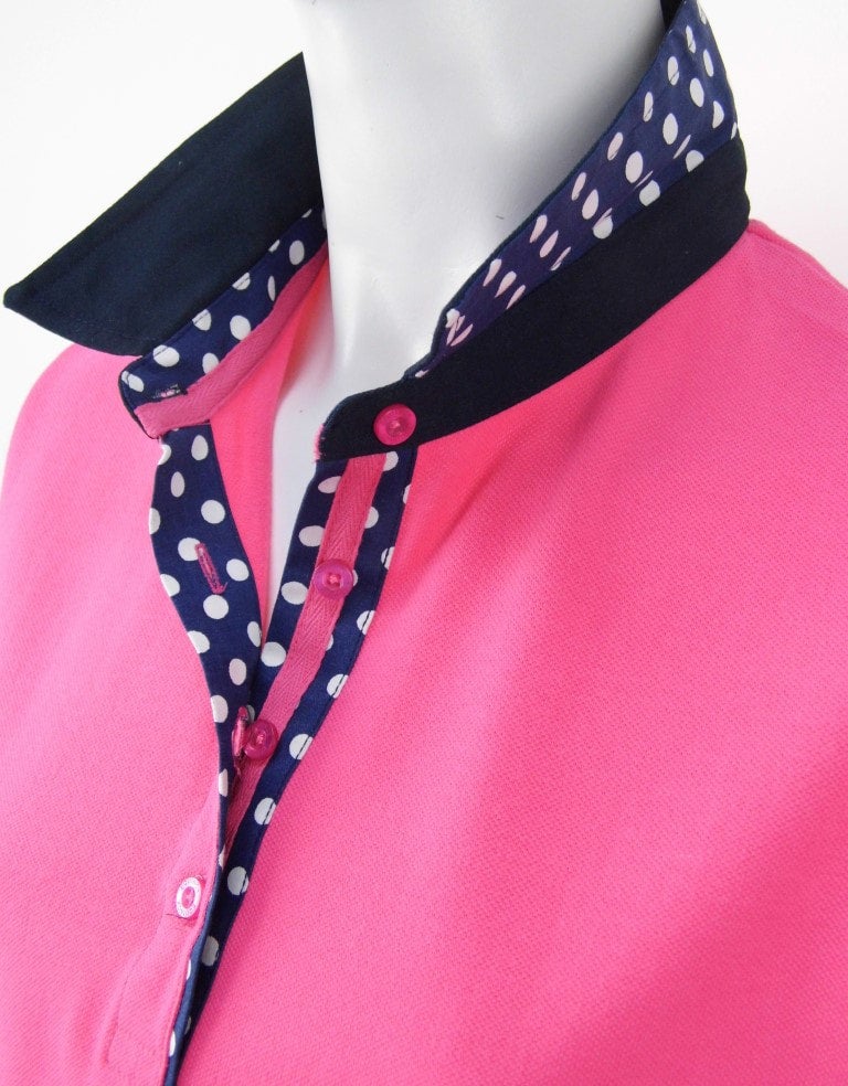 Short sleeve cotton piquet polo with contrast collar and spot trim #26 Pink