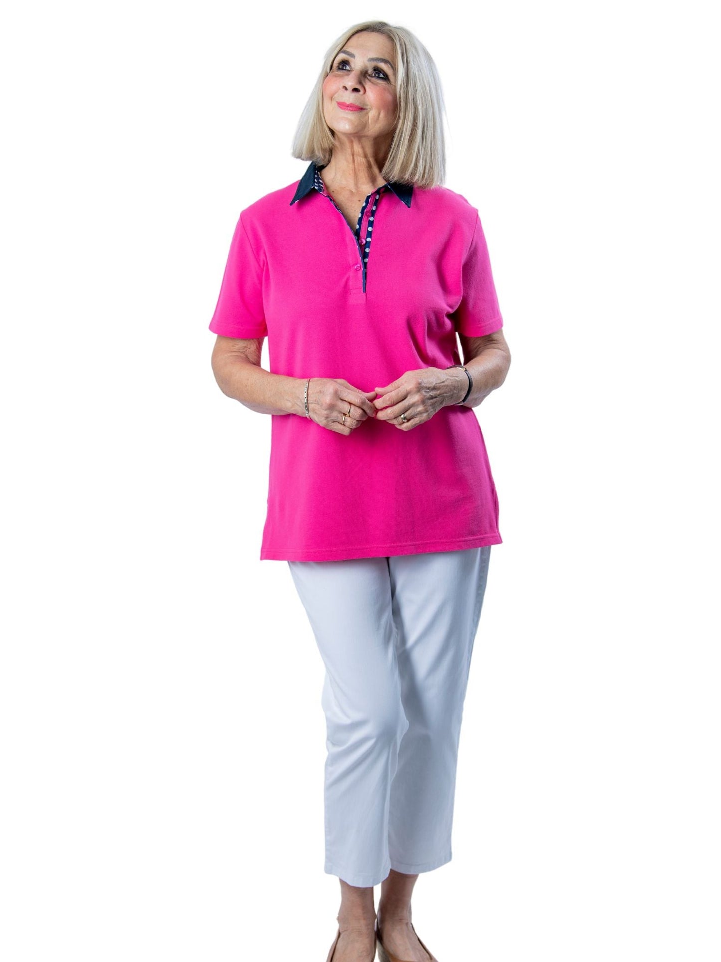 Short sleeve cotton piquet polo with contrast collar and spot trim #26 Pink