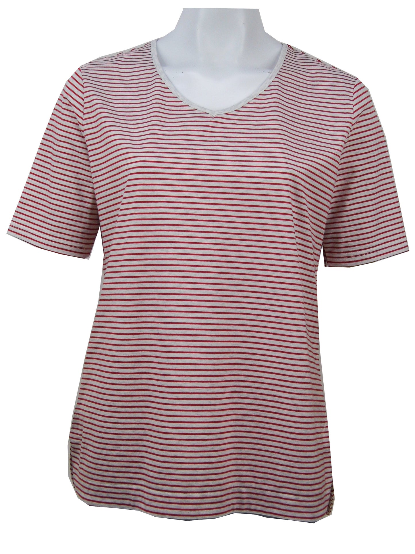 Short sleeve stretch cotton tee with rounded V-neck #143 White/Red