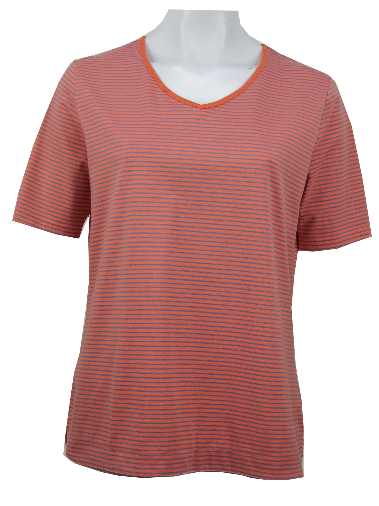 Stripe Short sleeve stretch cotton tee with rounded V-neck #143 Peach/Blue