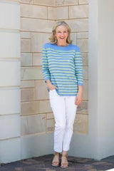 #5017 - Cornflower/Chartreuse 3/4 Sleeve stripe knit sweater