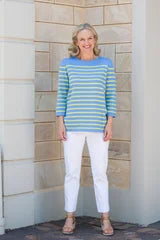 #5017 - Cornflower/Chartreuse 3/4 Sleeve stripe knit sweater