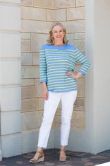 #5017 - Cornflower/Chartreuse 3/4 Sleeve stripe knit sweater