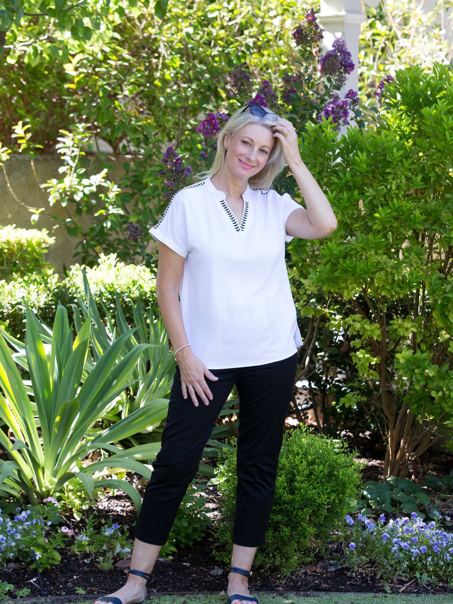 Extended Shoulder Contrast Embroidered Top #362 - White