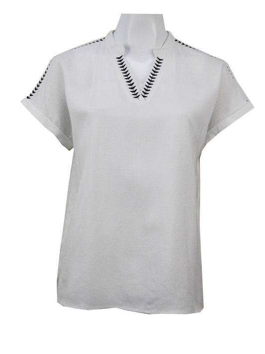 Extended Shoulder Contrast Embroidered Top #362 - White