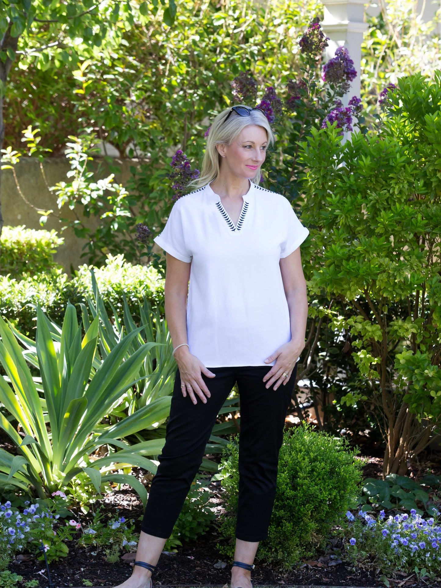 Extended Shoulder Contrast Embroidered Top #362 - White