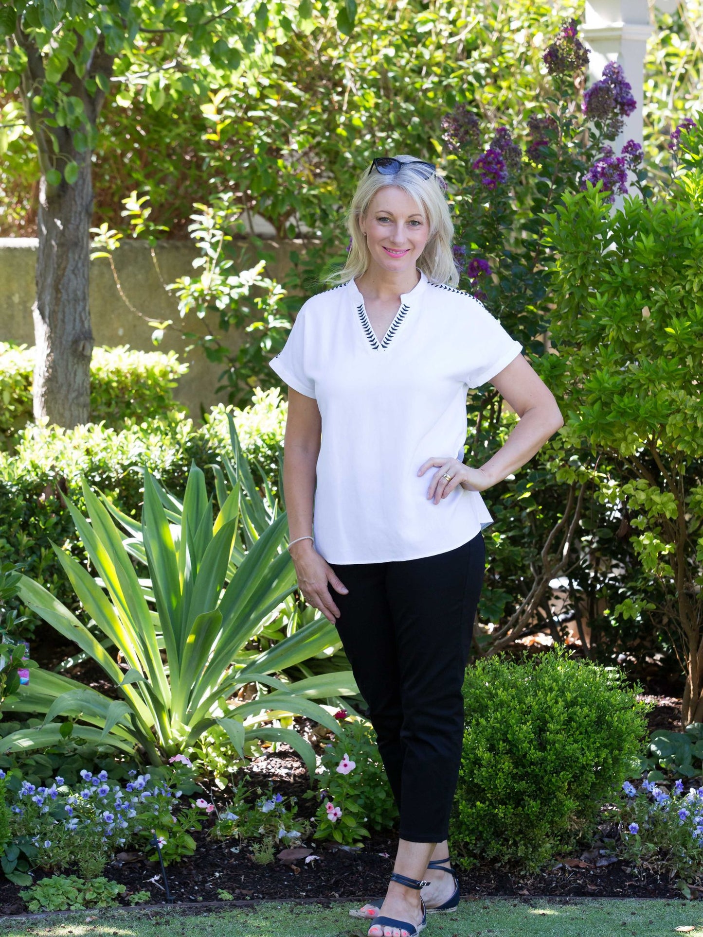 Extended Shoulder Contrast Embroidered Top #362 - White
