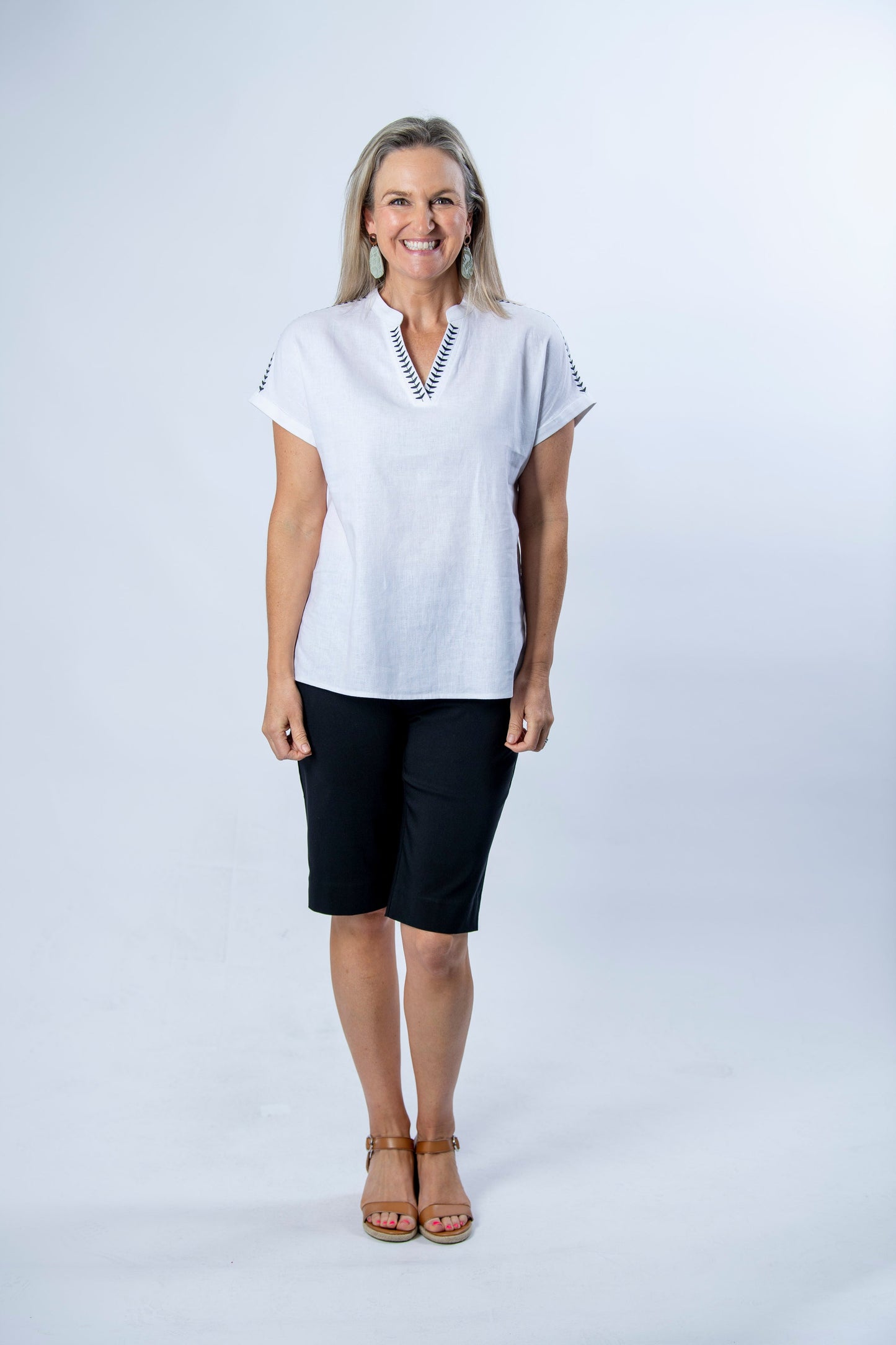 Extended Shoulder Contrast Embroidered Top #362 - White