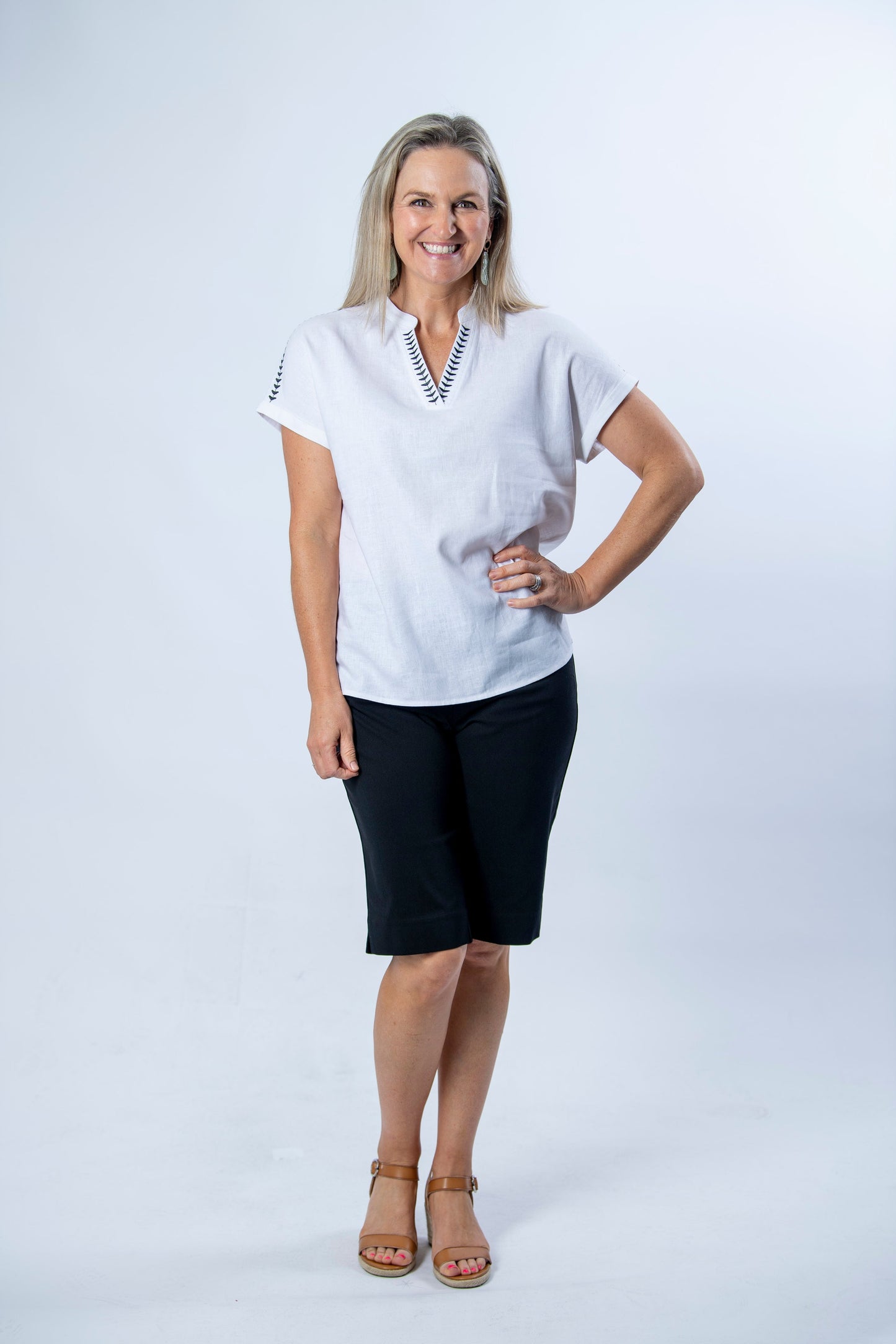 Extended Shoulder Contrast Embroidered Top #362 - White