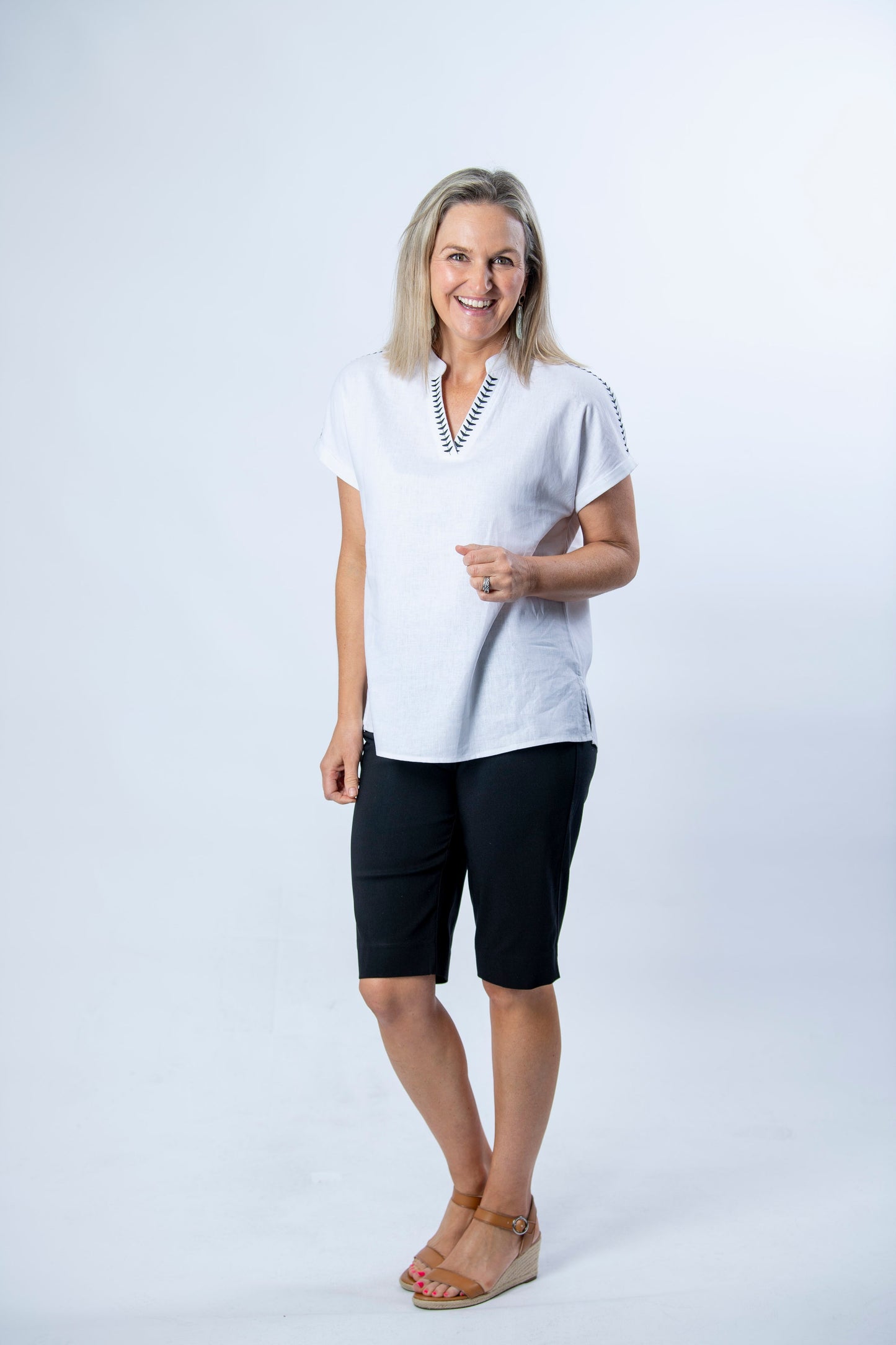 Extended Shoulder Contrast Embroidered Top #362 - White
