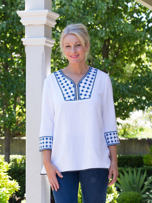 Linen Blend 3/4 Sleeve Embroidered V-Neck Tunic Top #467 - White