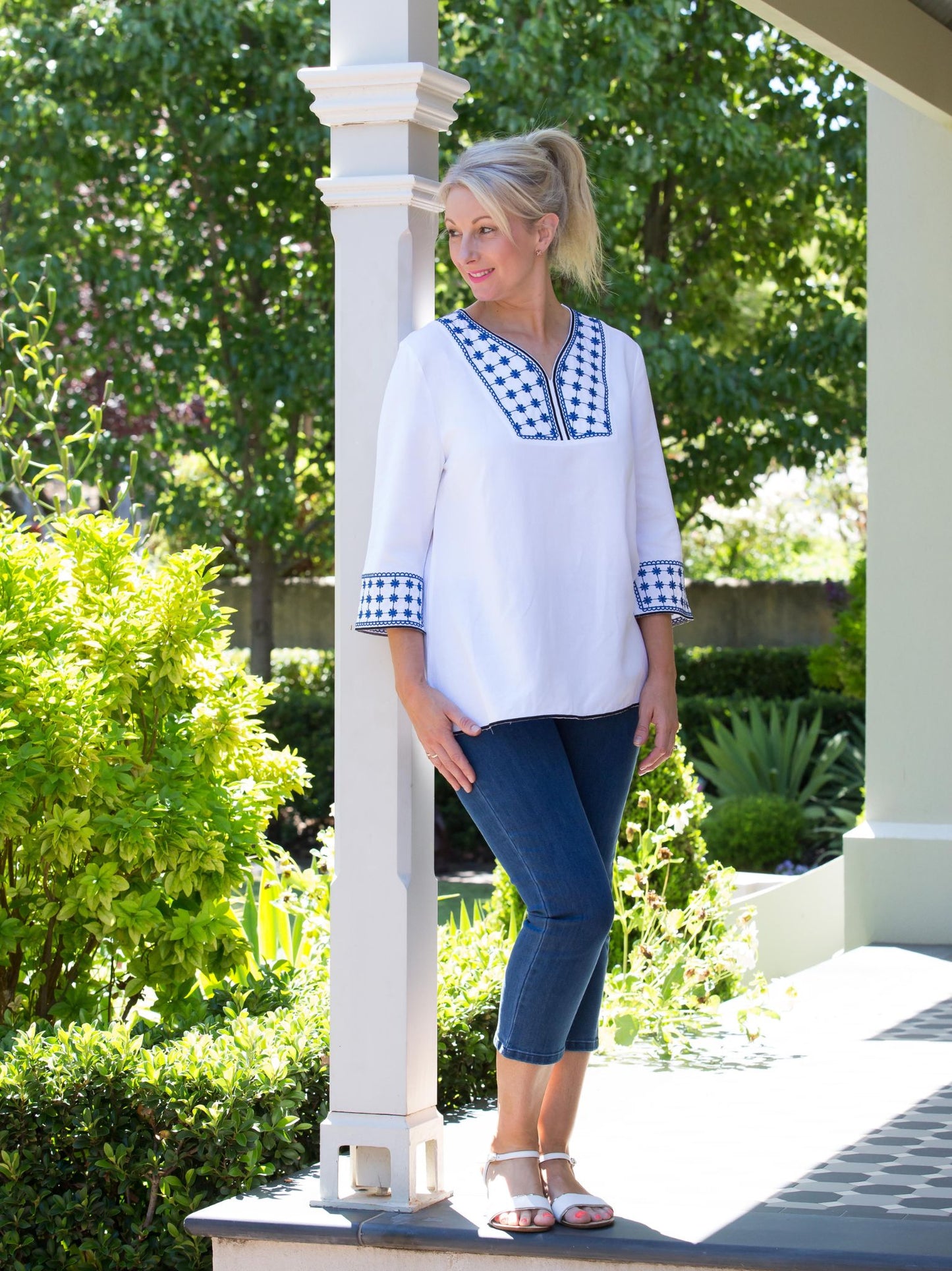 Linen Blend 3/4 Sleeve Embroidered V-Neck Tunic Top #467 - White