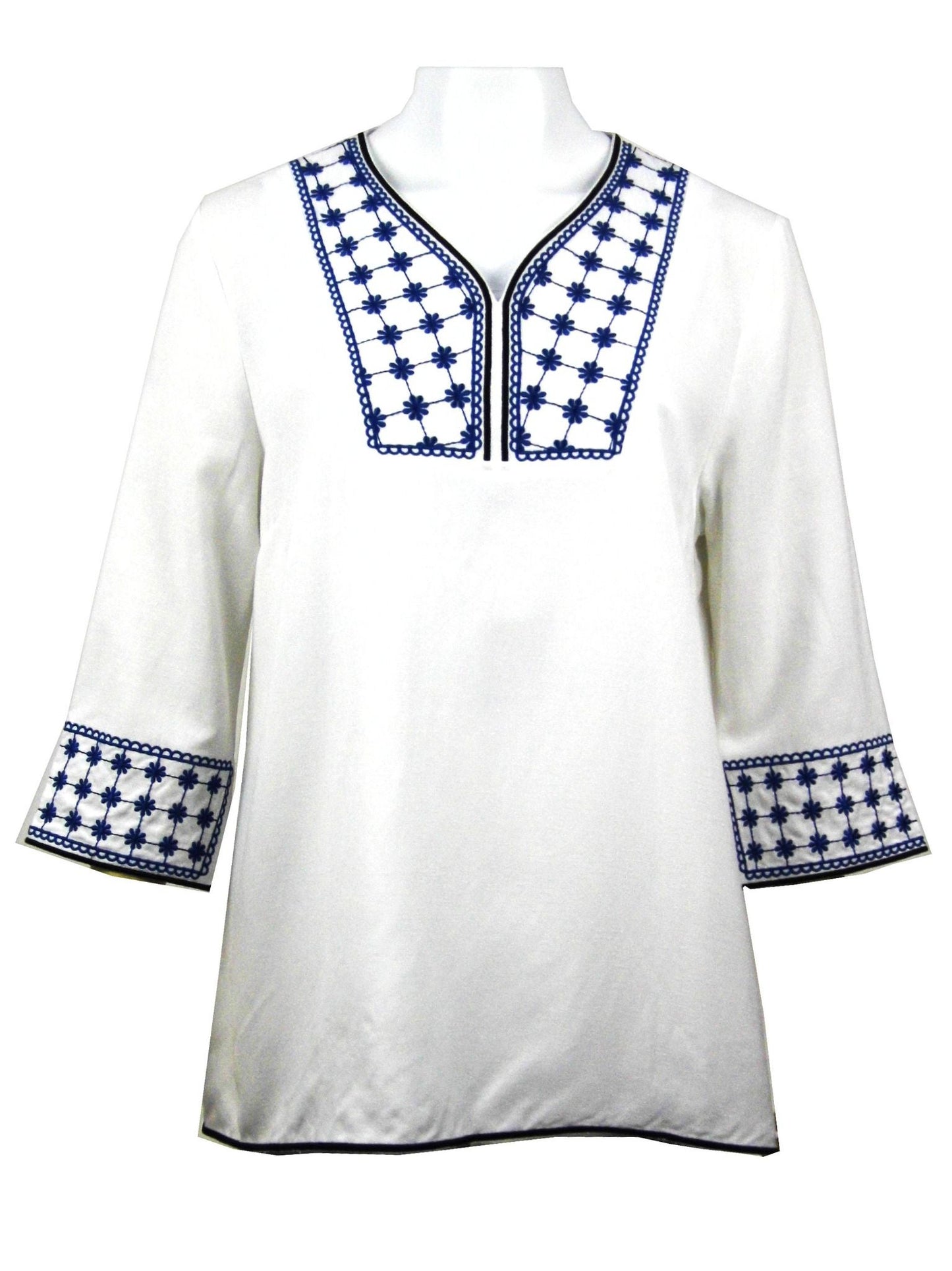 Linen Blend 3/4 Sleeve Embroidered V-Neck Tunic Top #467 - White