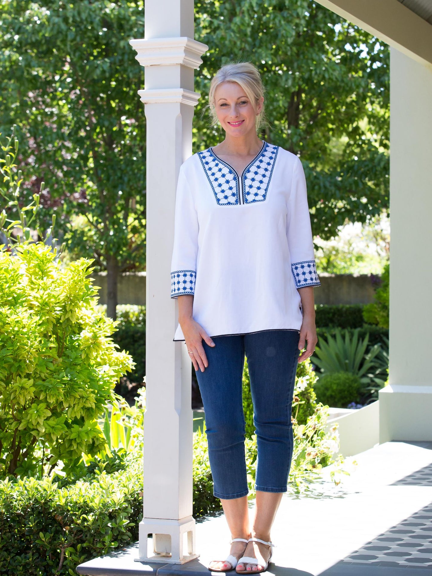Linen Blend 3/4 Sleeve Embroidered V-Neck Tunic Top #467 - White