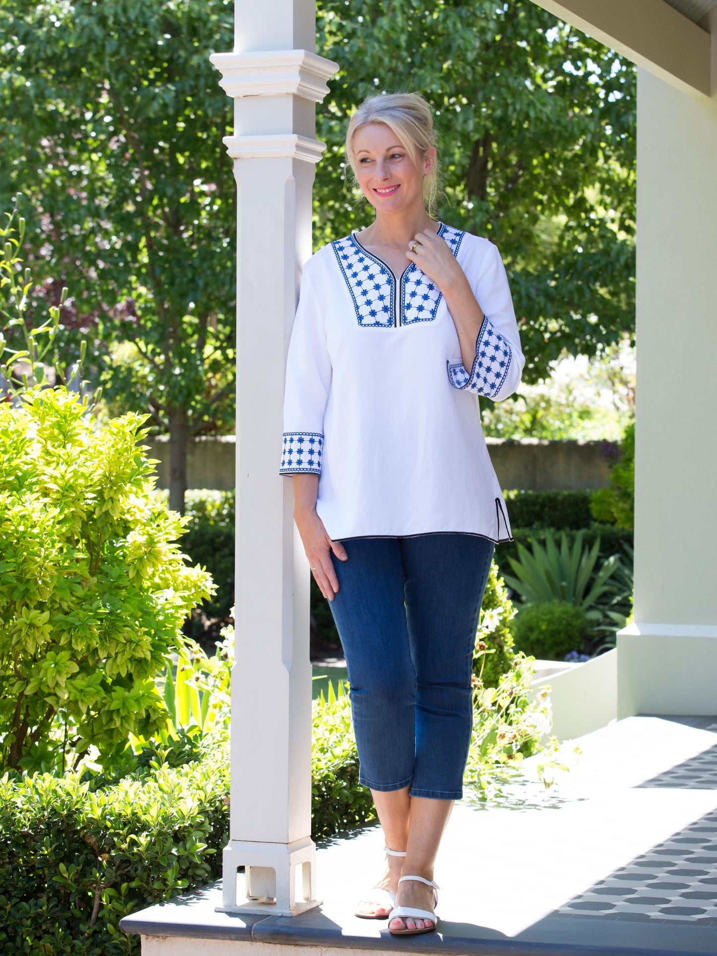 Linen Blend 3/4 Sleeve Embroidered V-Neck Tunic Top #467 - White