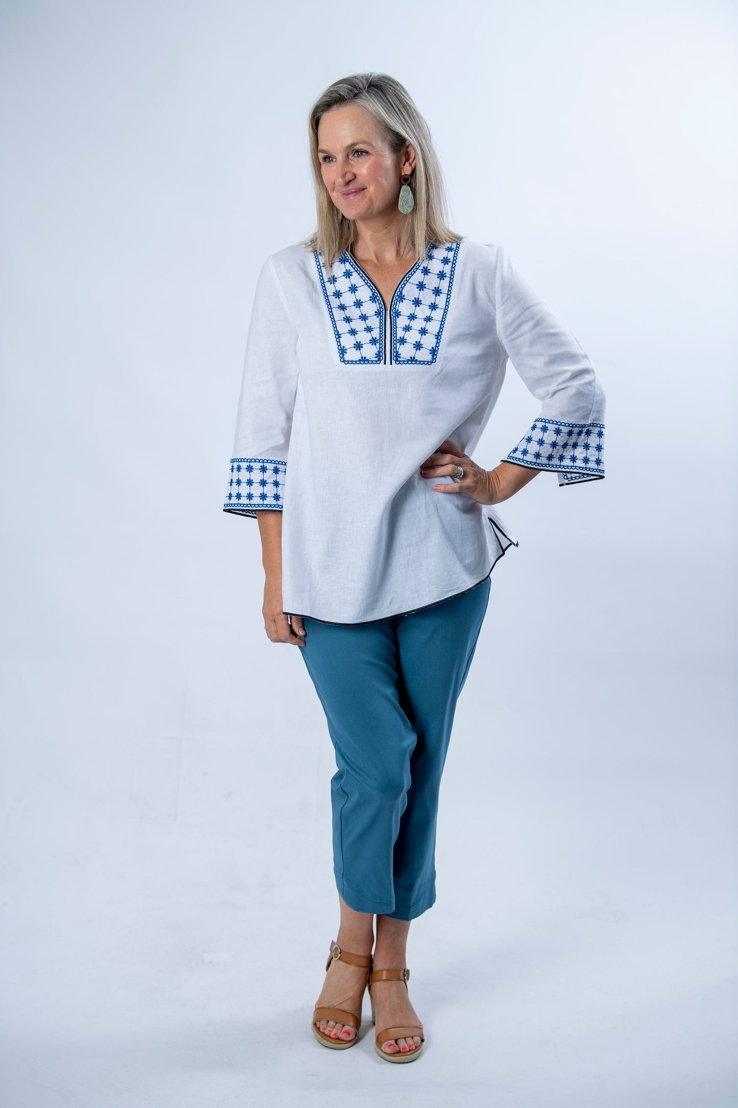 Linen Blend 3/4 Sleeve Embroidered V-Neck Tunic Top #467 - White