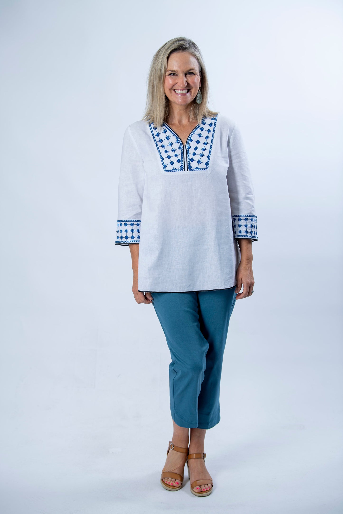 Linen Blend 3/4 Sleeve Embroidered V-Neck Tunic Top #467 - White