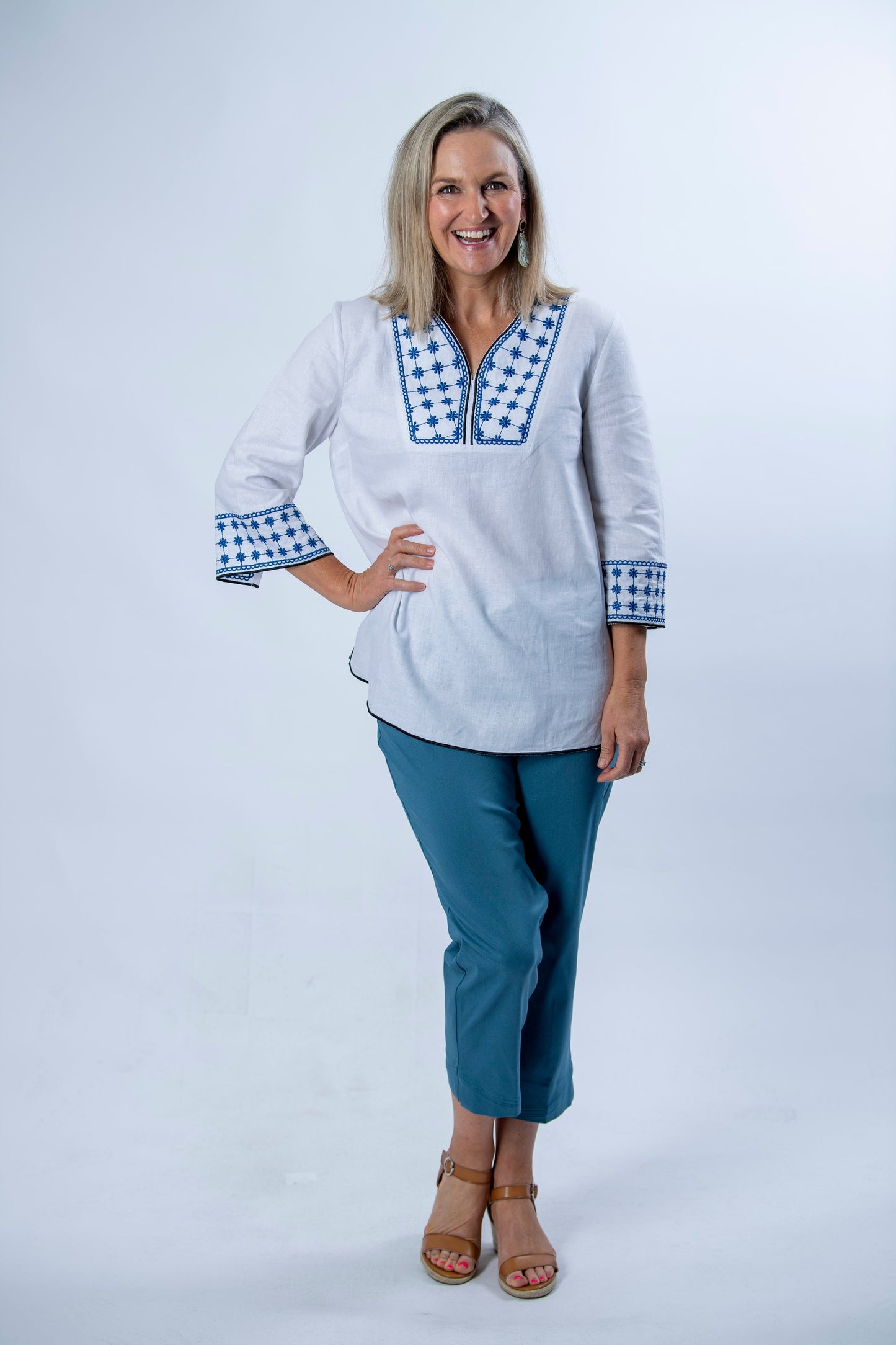 Linen Blend 3/4 Sleeve Embroidered V-Neck Tunic Top #467 - White