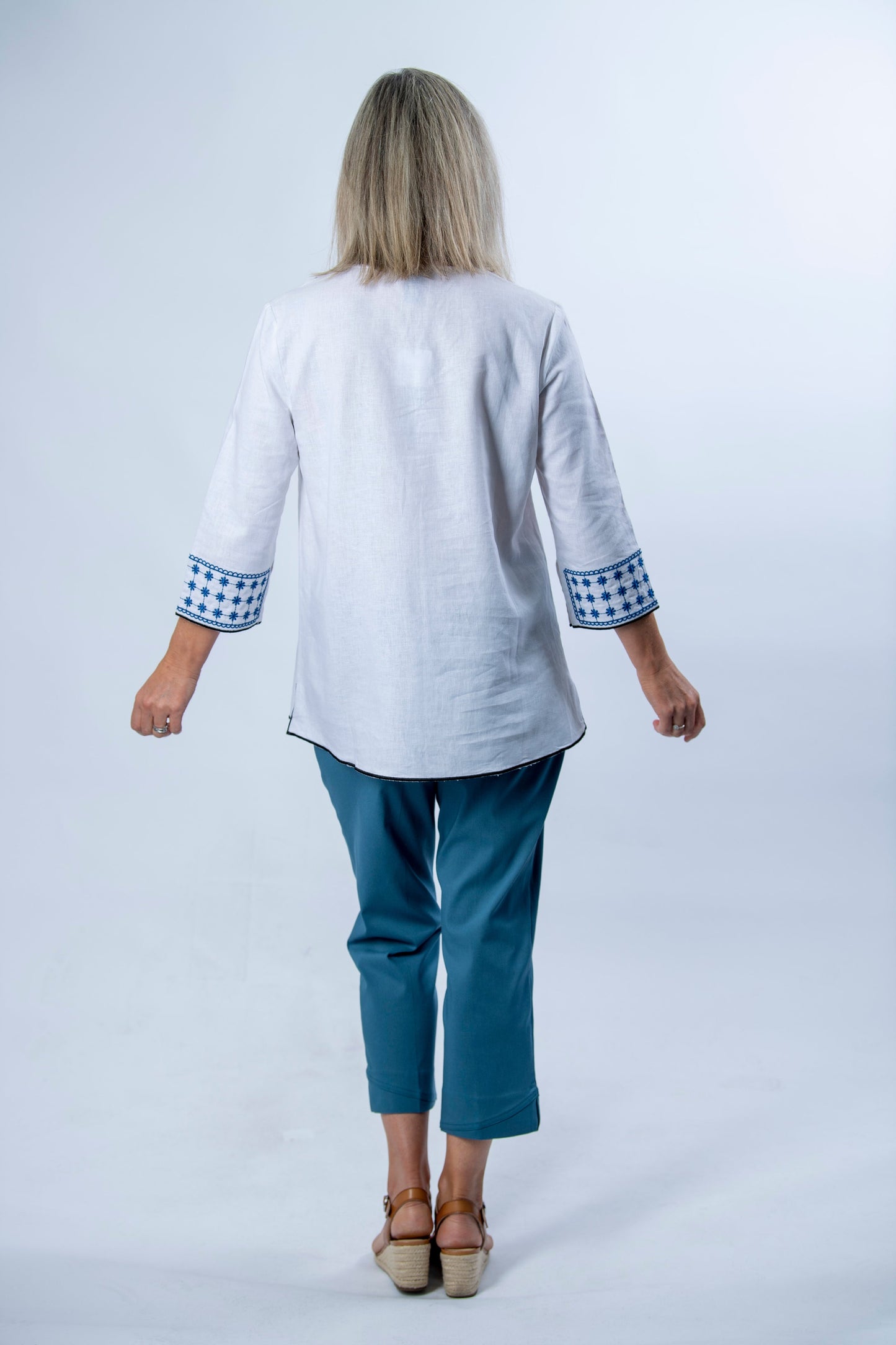 Linen Blend 3/4 Sleeve Embroidered V-Neck Tunic Top #467 - White