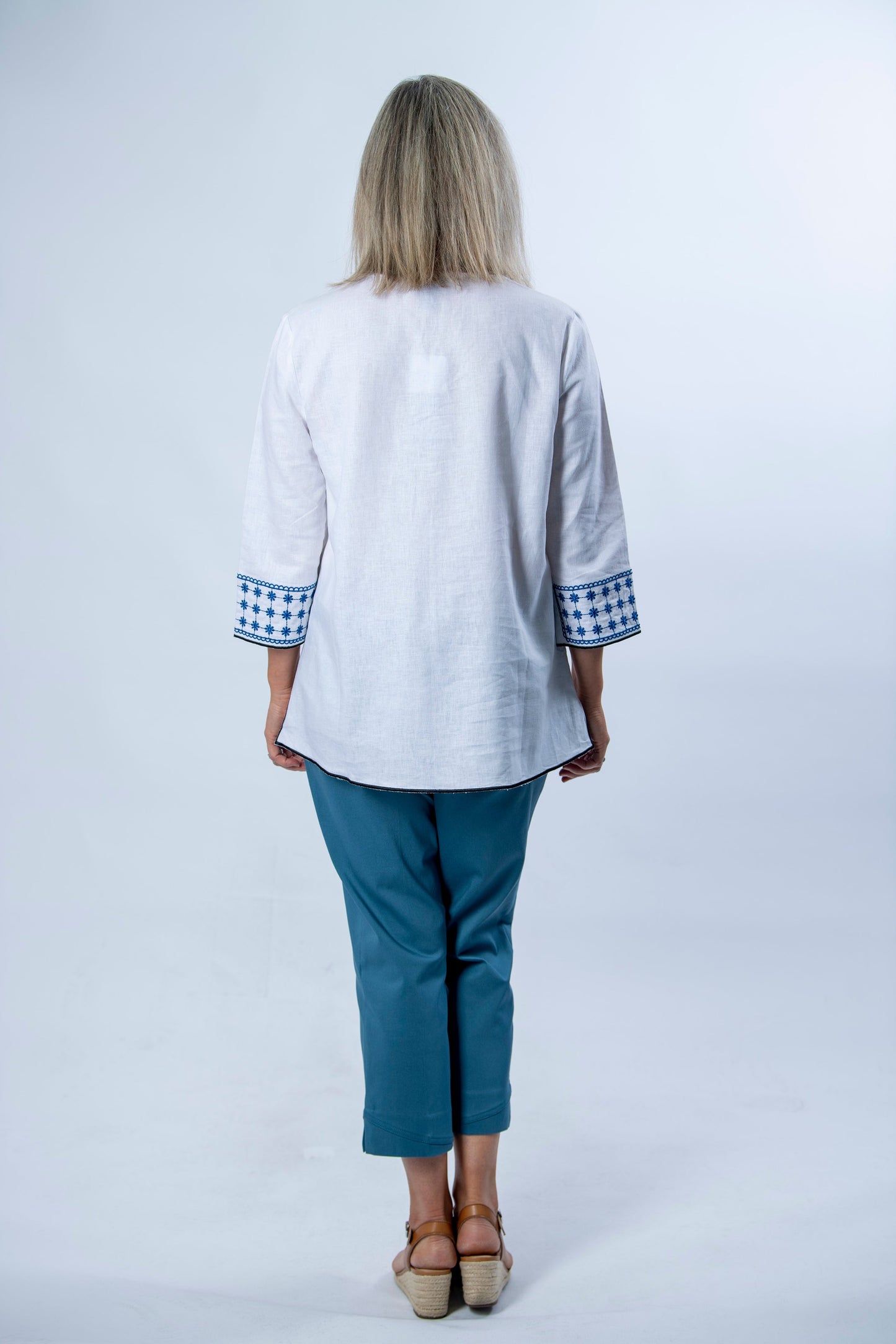 Linen Blend 3/4 Sleeve Embroidered V-Neck Tunic Top #467 - White