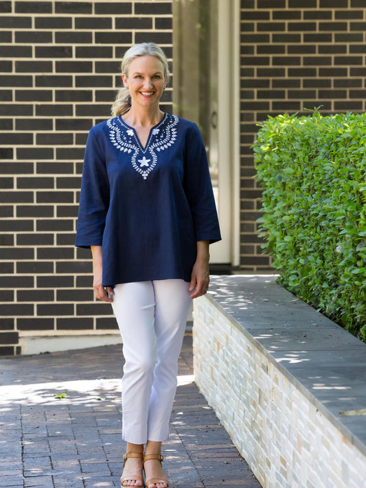 Linen Blend 3/4 Sleeve Embroidered V-Neck Tunic Top #574 - Navy