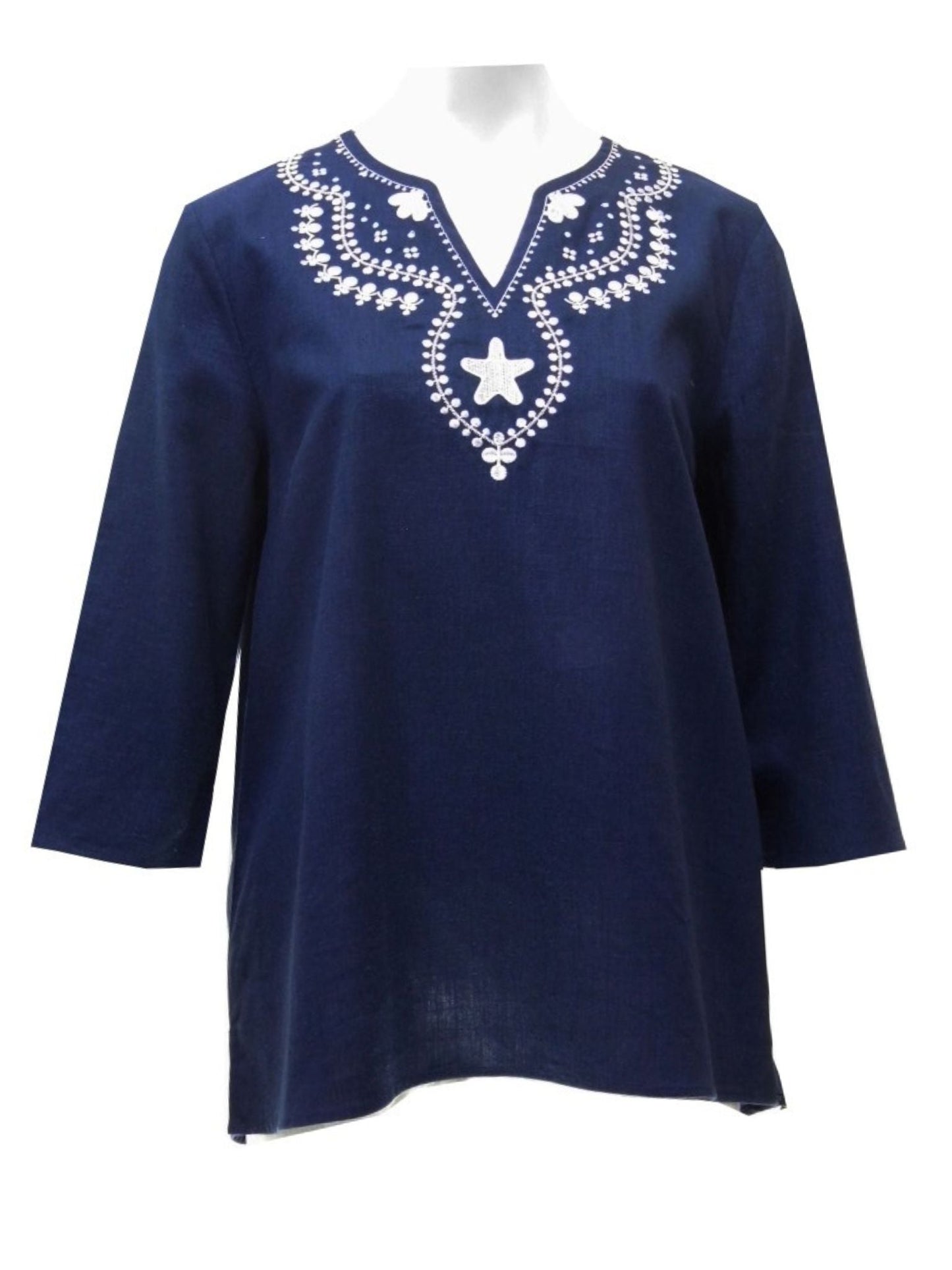 Linen Blend 3/4 Sleeve Embroidered V-Neck Tunic Top #574 - Navy