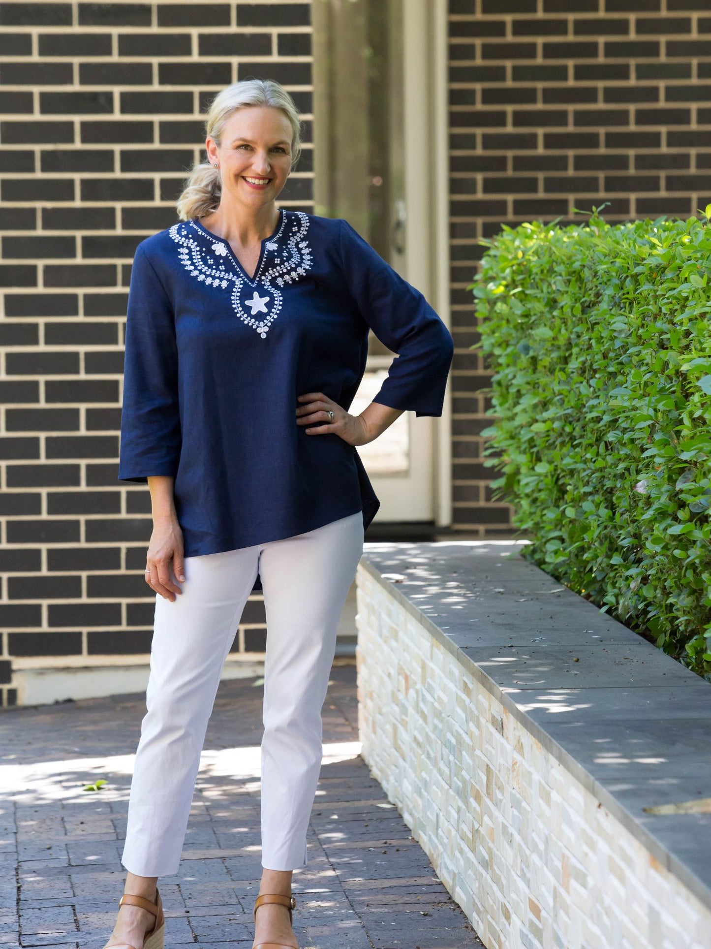 Linen Blend 3/4 Sleeve Embroidered V-Neck Tunic Top #574 - Navy