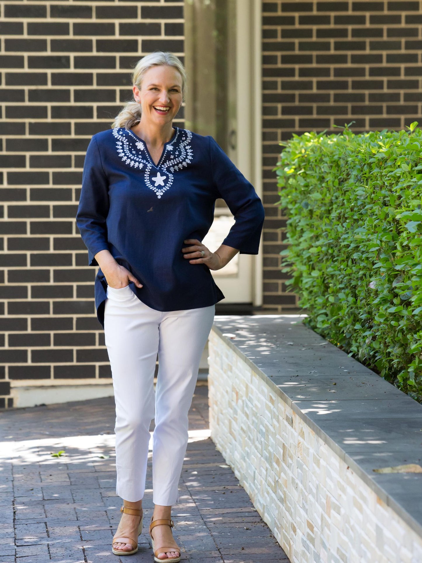 Linen Blend 3/4 Sleeve Embroidered V-Neck Tunic Top #574 - Navy