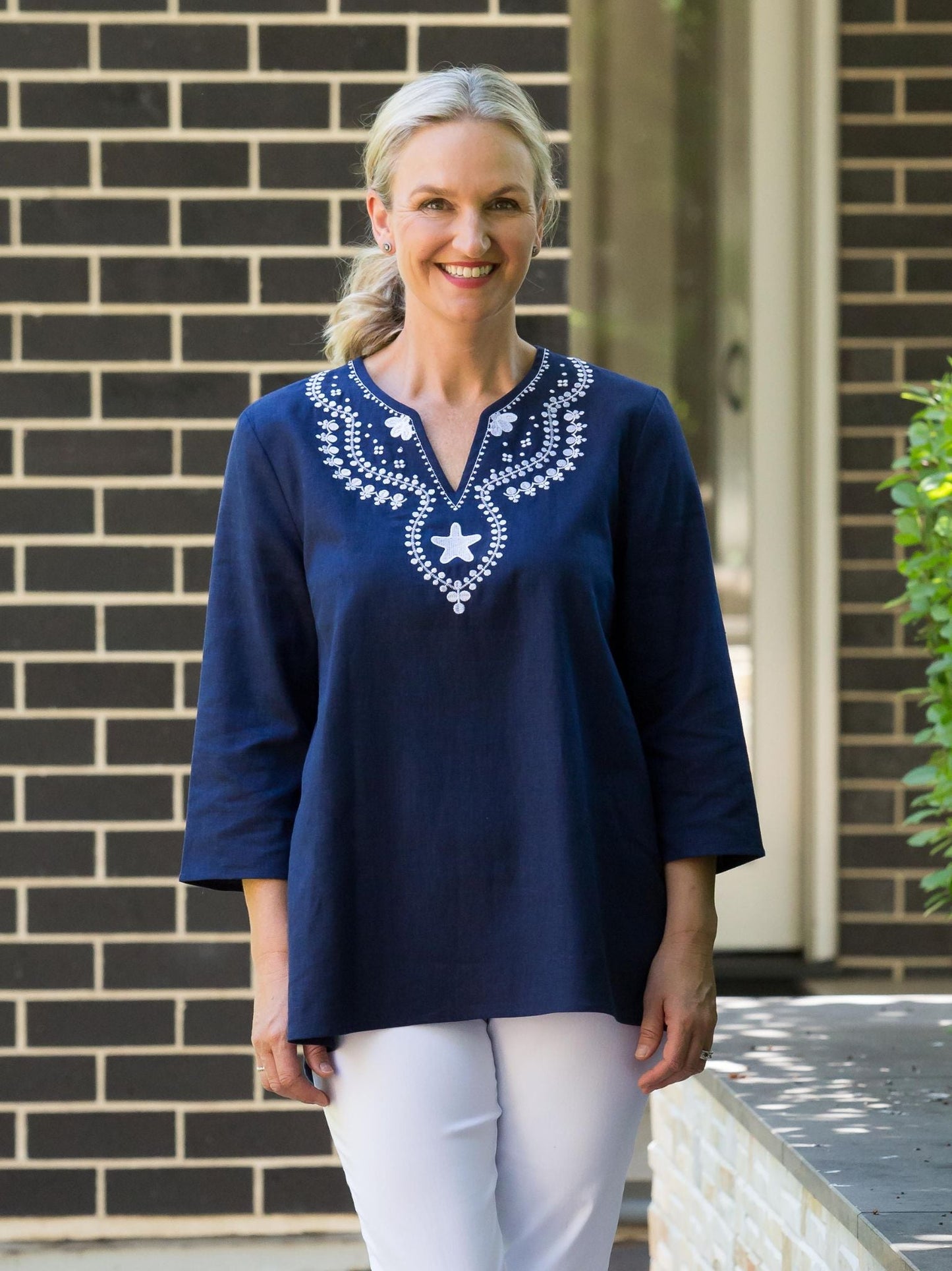 Linen Blend 3/4 Sleeve Embroidered V-Neck Tunic Top #574 - Navy
