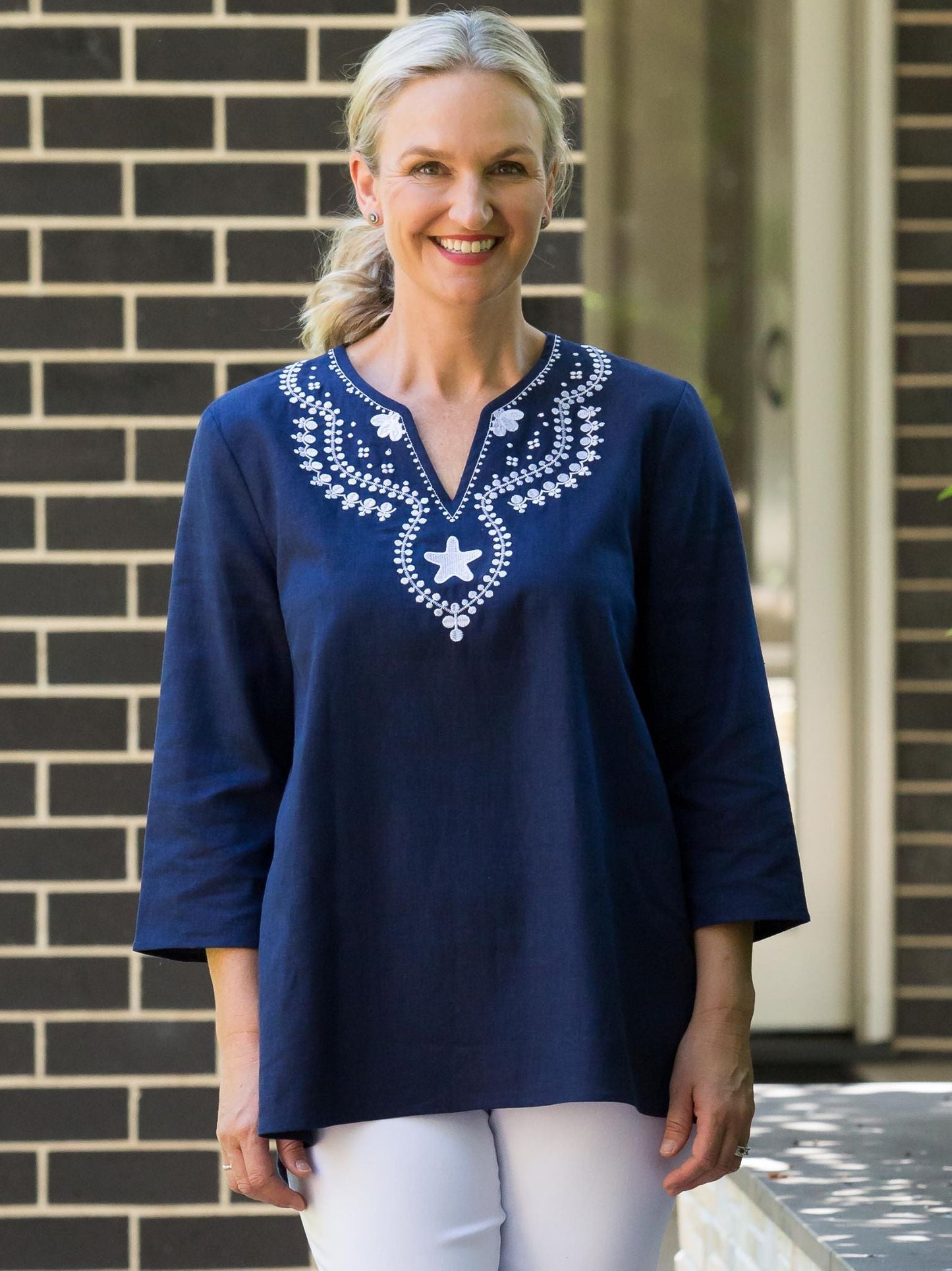Linen Blend 3/4 Sleeve Embroidered V-Neck Tunic Top #574 - Navy