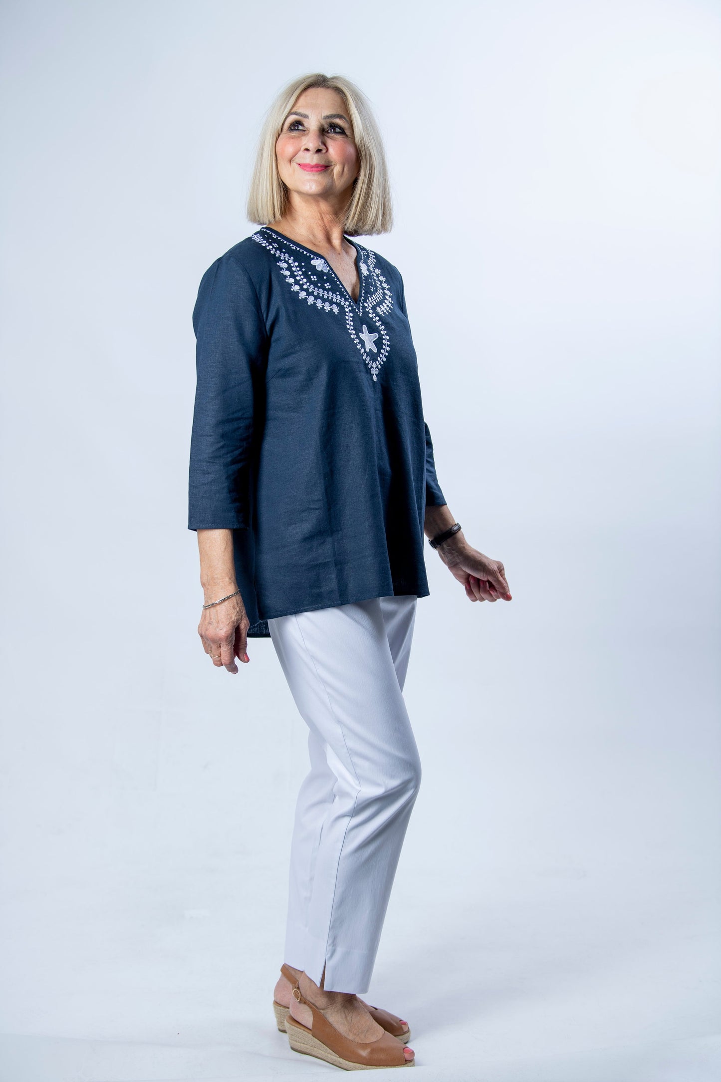 Linen Blend 3/4 Sleeve Embroidered V-Neck Tunic Top #574 - Navy