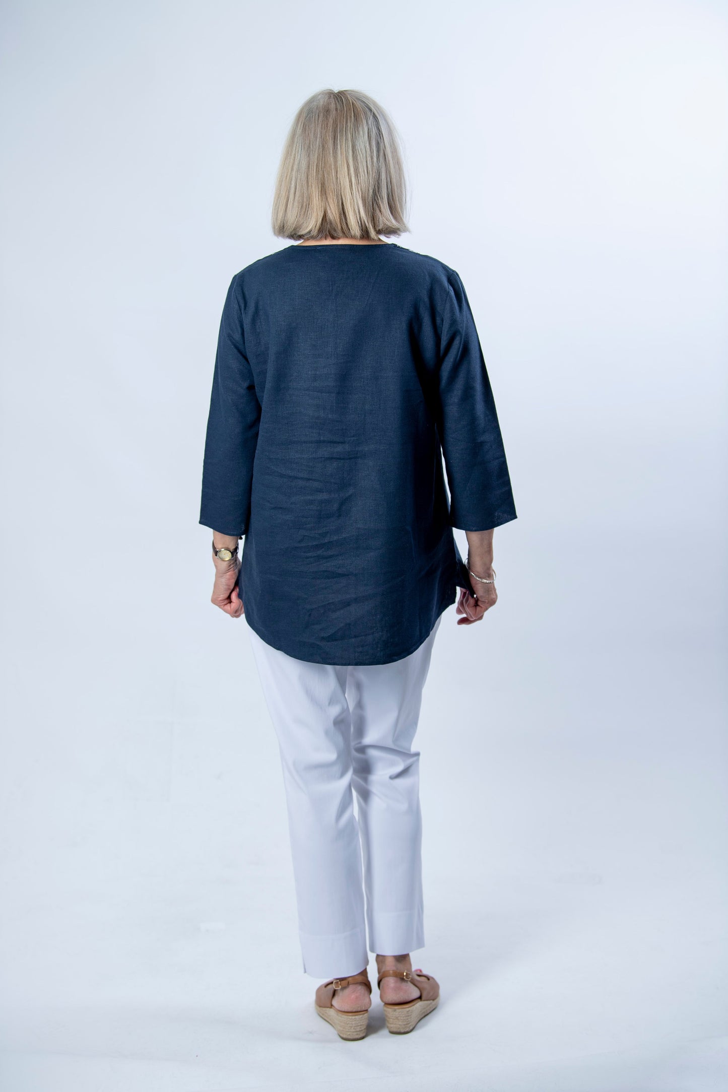 Linen Blend 3/4 Sleeve Embroidered V-Neck Tunic Top #574 - Navy