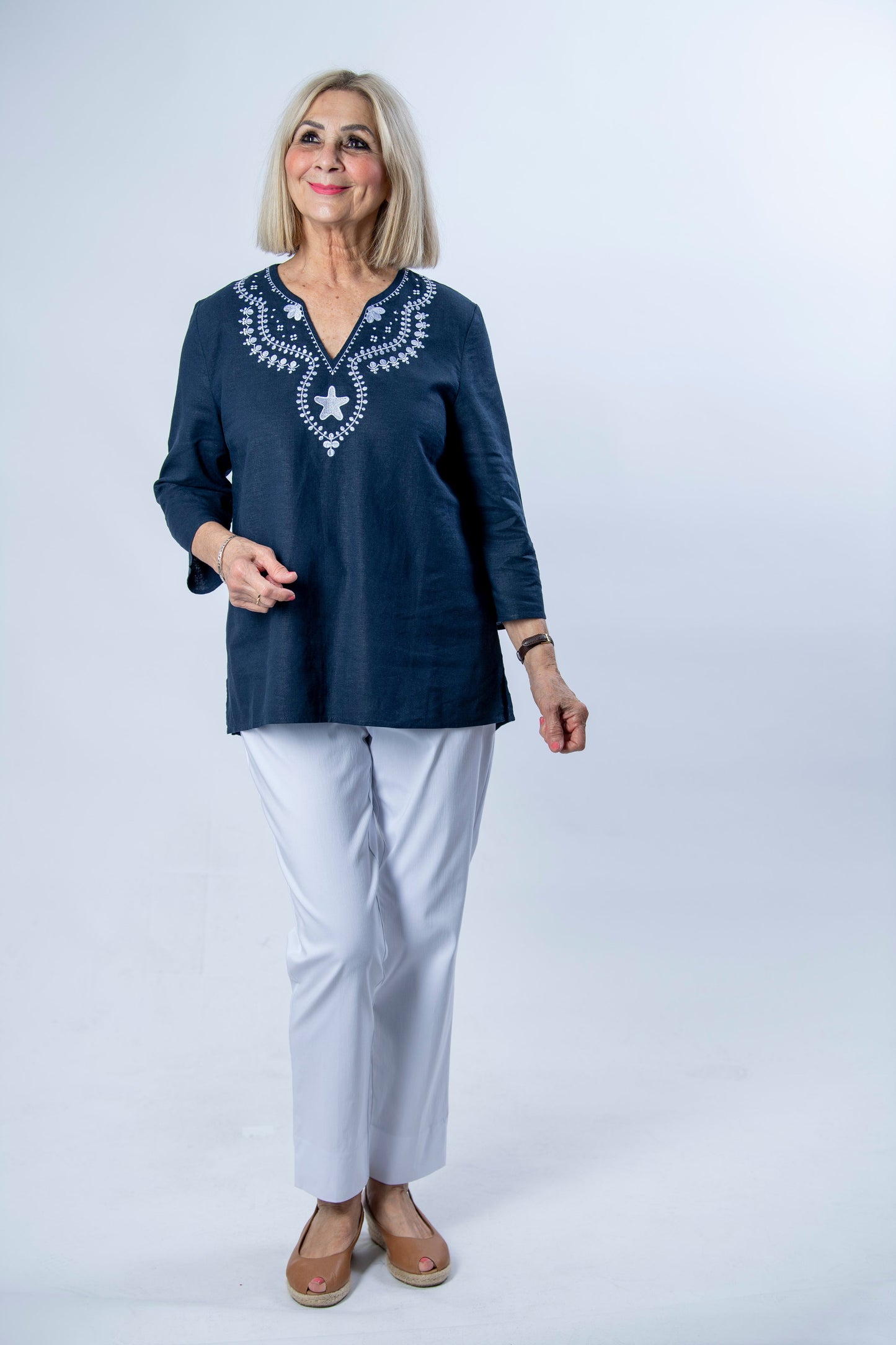Linen Blend 3/4 Sleeve Embroidered V-Neck Tunic Top #574 - Navy