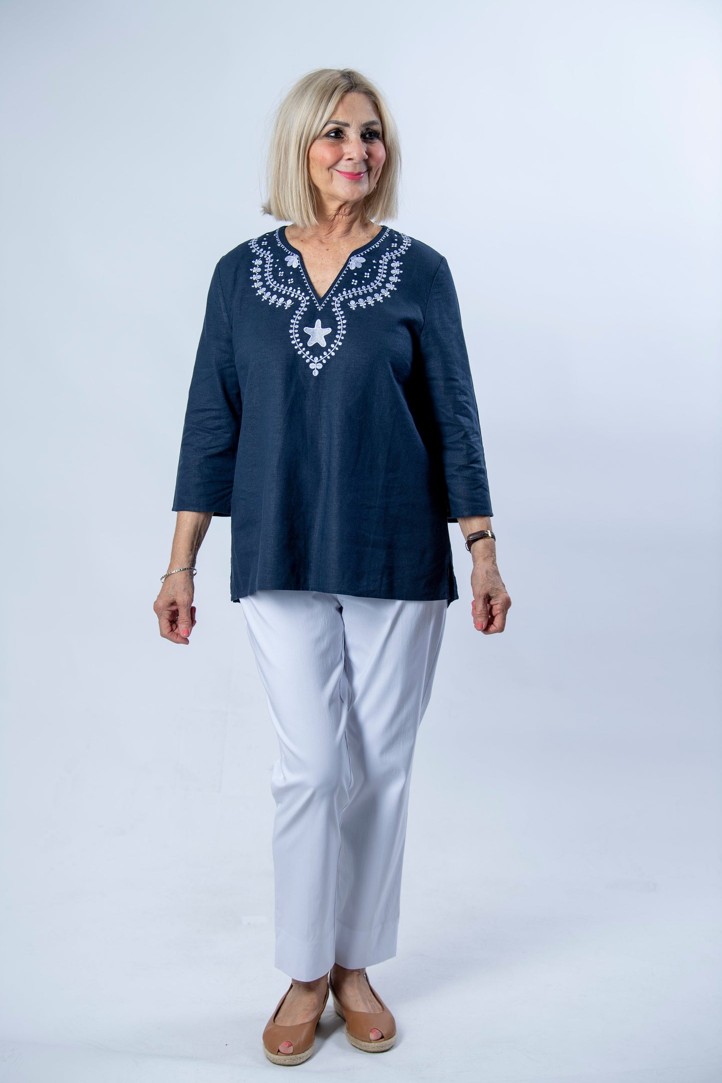 Linen Blend 3/4 Sleeve Embroidered V-Neck Tunic Top #574 - Navy