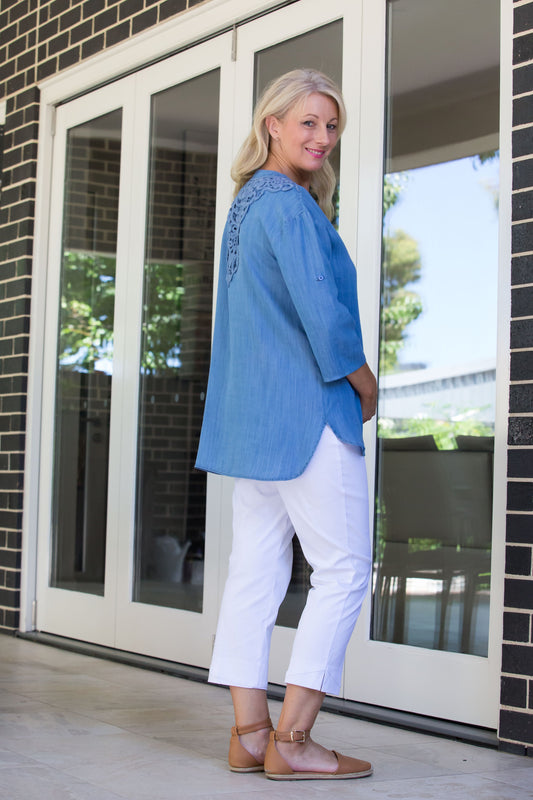 Chambray Tencel Denim Tunic with Tab Sleeve and Back Lace Feature Panel #3552 - Blue