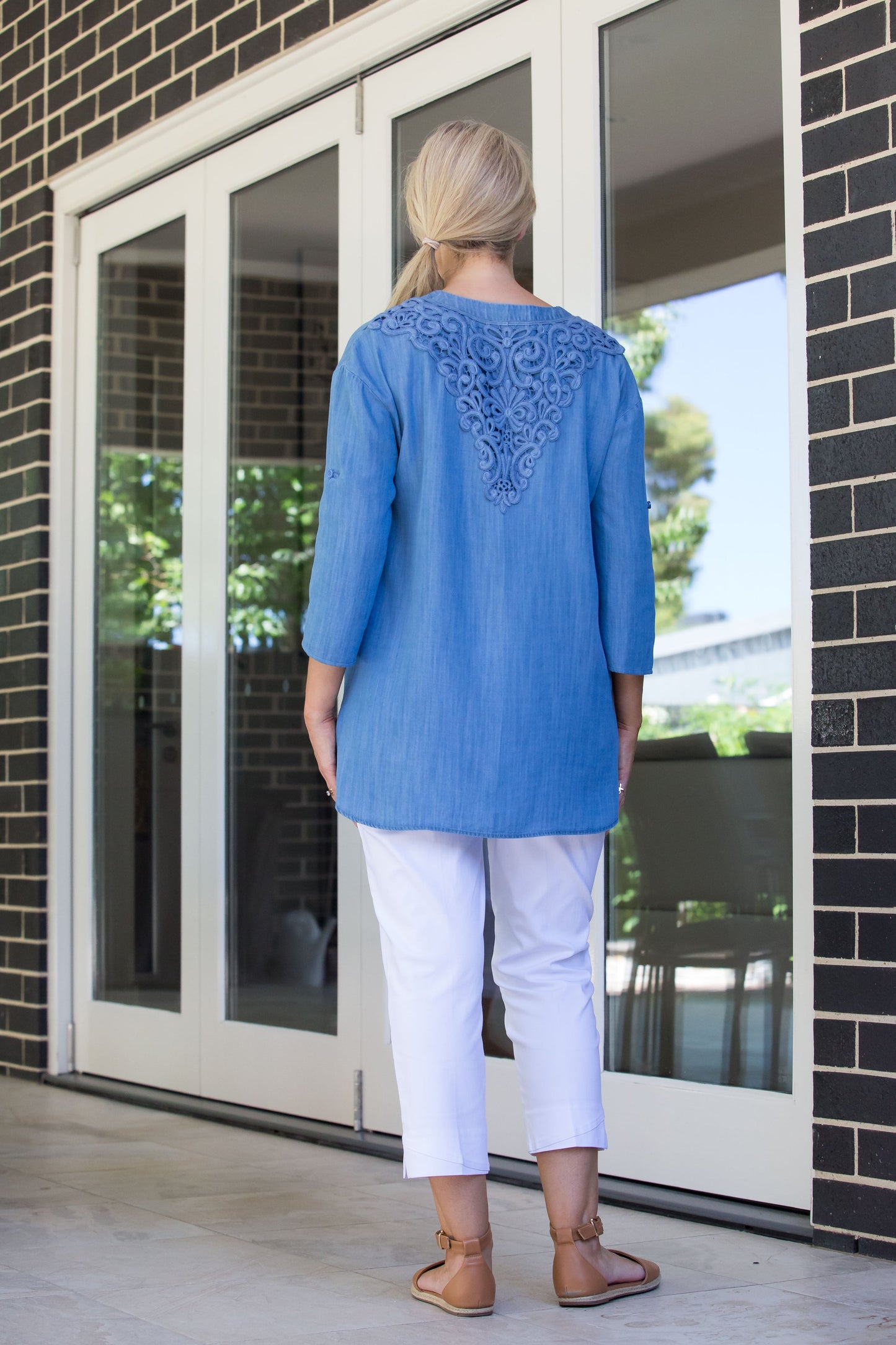 Chambray Tencel Denim Tunic with Tab Sleeve and Back Lace Feature Panel #3552 - Blue