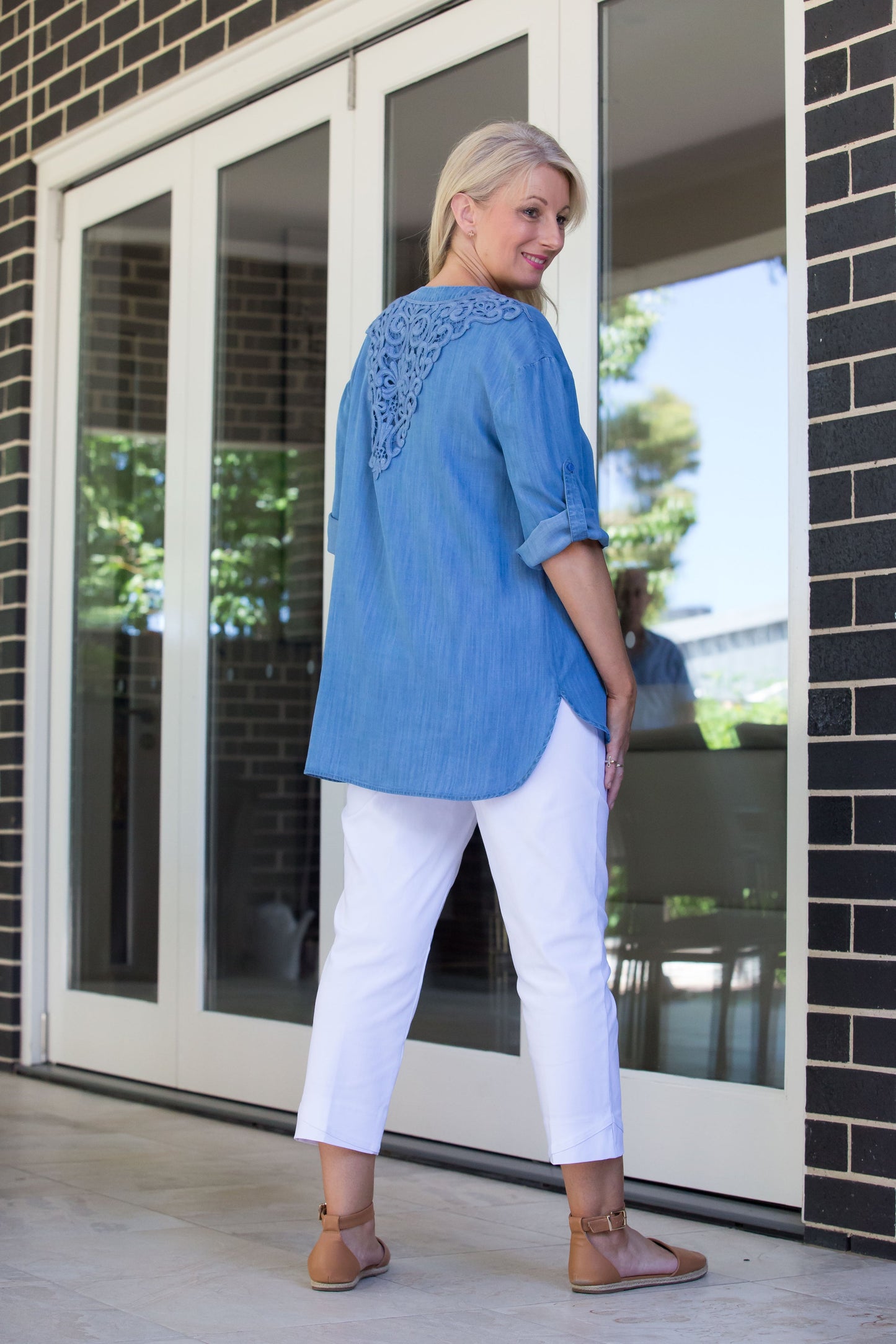 Chambray Tencel Denim Tunic with Tab Sleeve and Back Lace Feature Panel #3552 - Blue