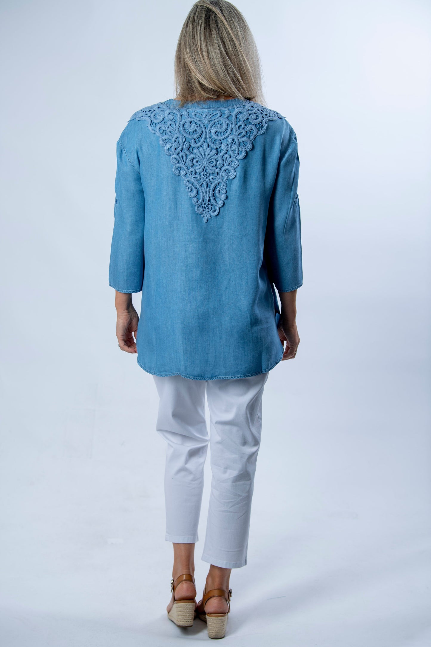 Chambray Tencel Denim Tunic with Tab Sleeve and Back Lace Feature Panel #3552 - Blue