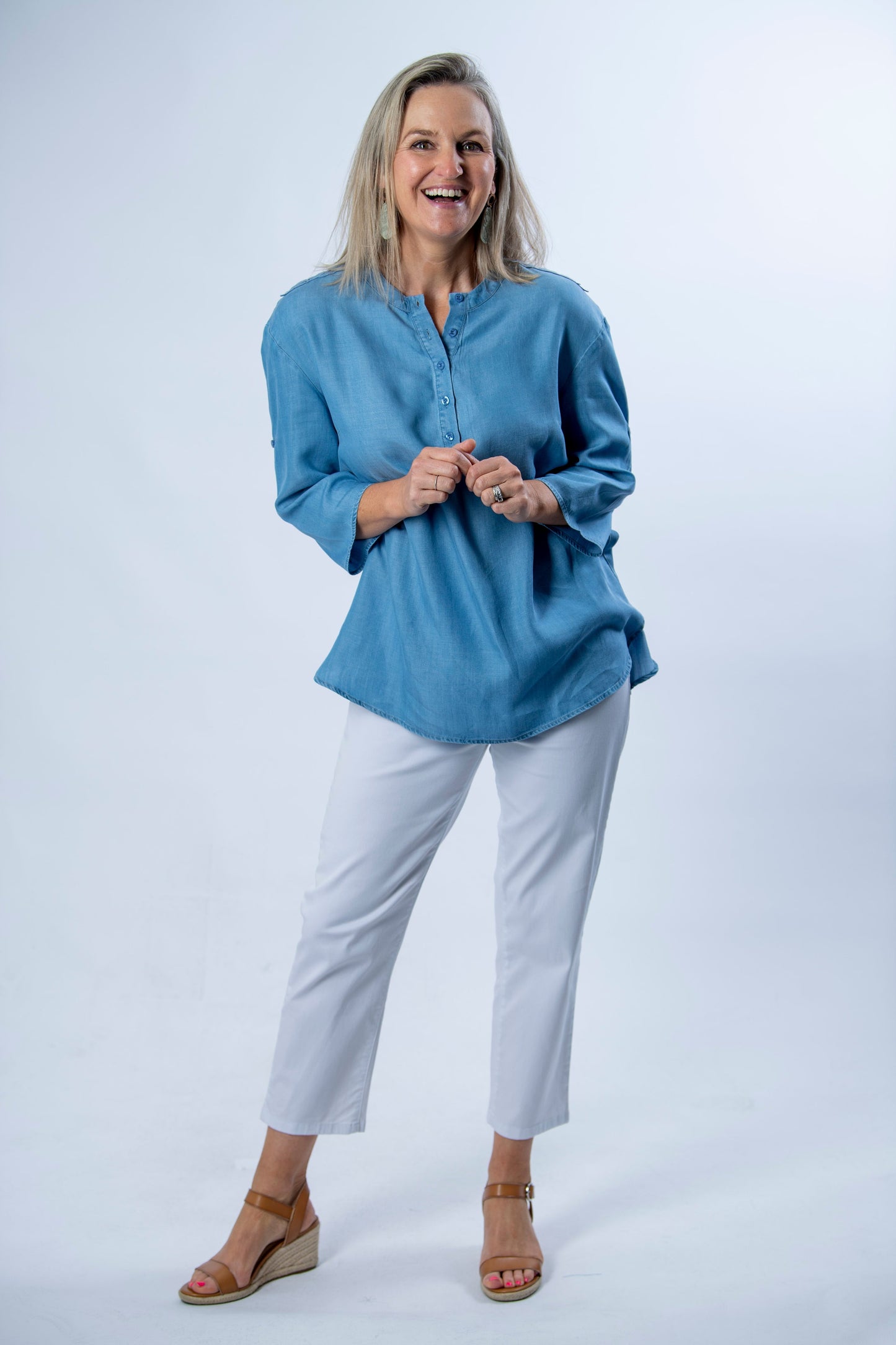 Chambray Tencel Denim Tunic with Tab Sleeve and Back Lace Feature Panel #3552 - Blue