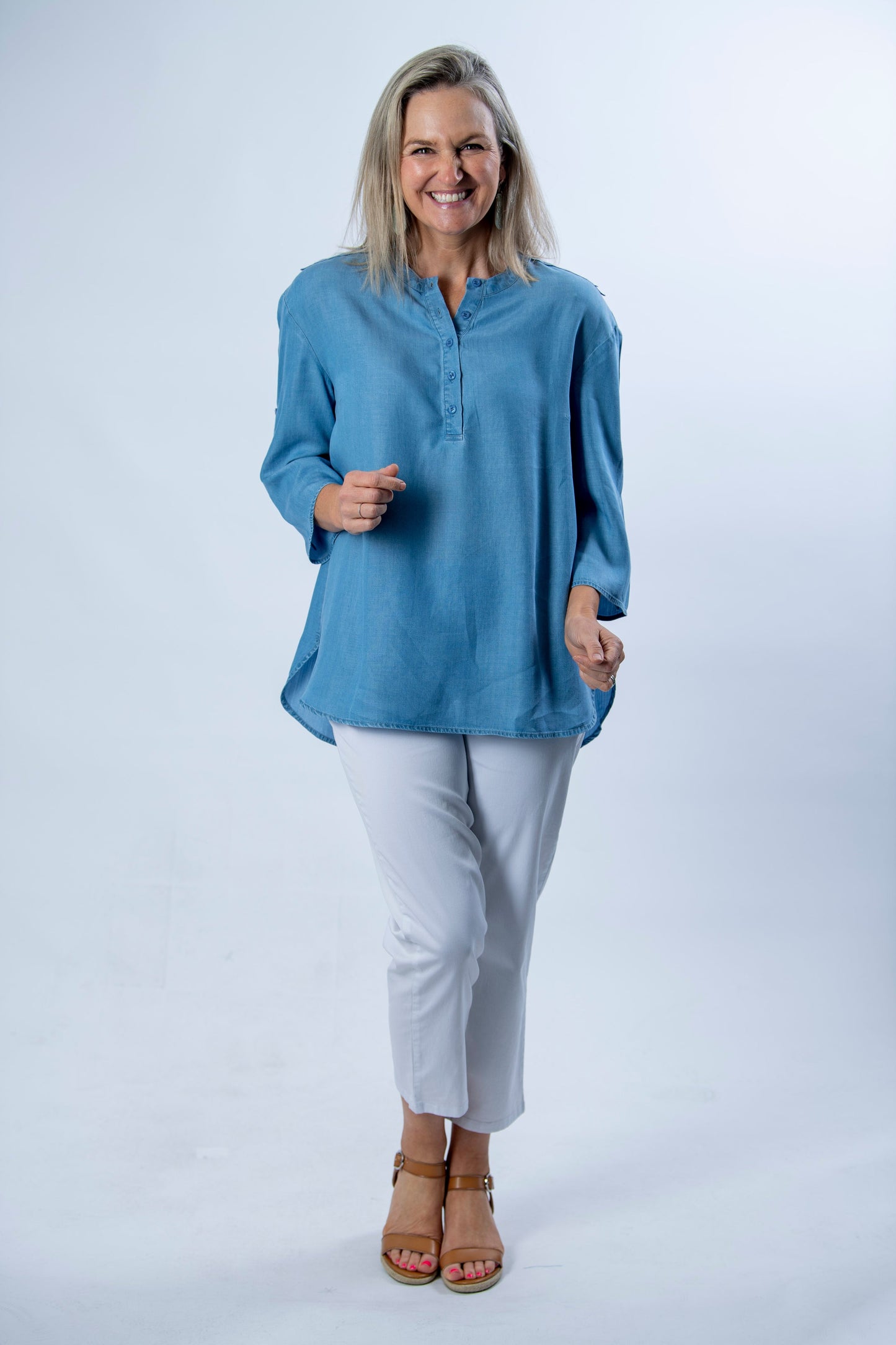 Chambray Tencel Denim Tunic with Tab Sleeve and Back Lace Feature Panel #3552 - Blue